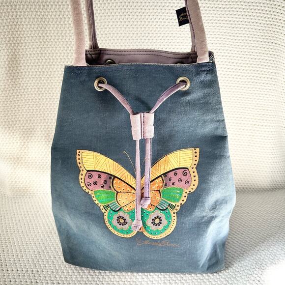 Laurel Burch Blue Denim Purple Drawstring Pull Handpainted Butterfly Backpack - Picture 11 of 13